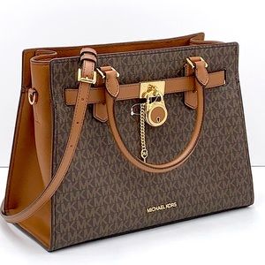 Michael Kors Hamilton Medium Satchel Crossbody Brown MK Signature Racing  Green - ShopperBoard